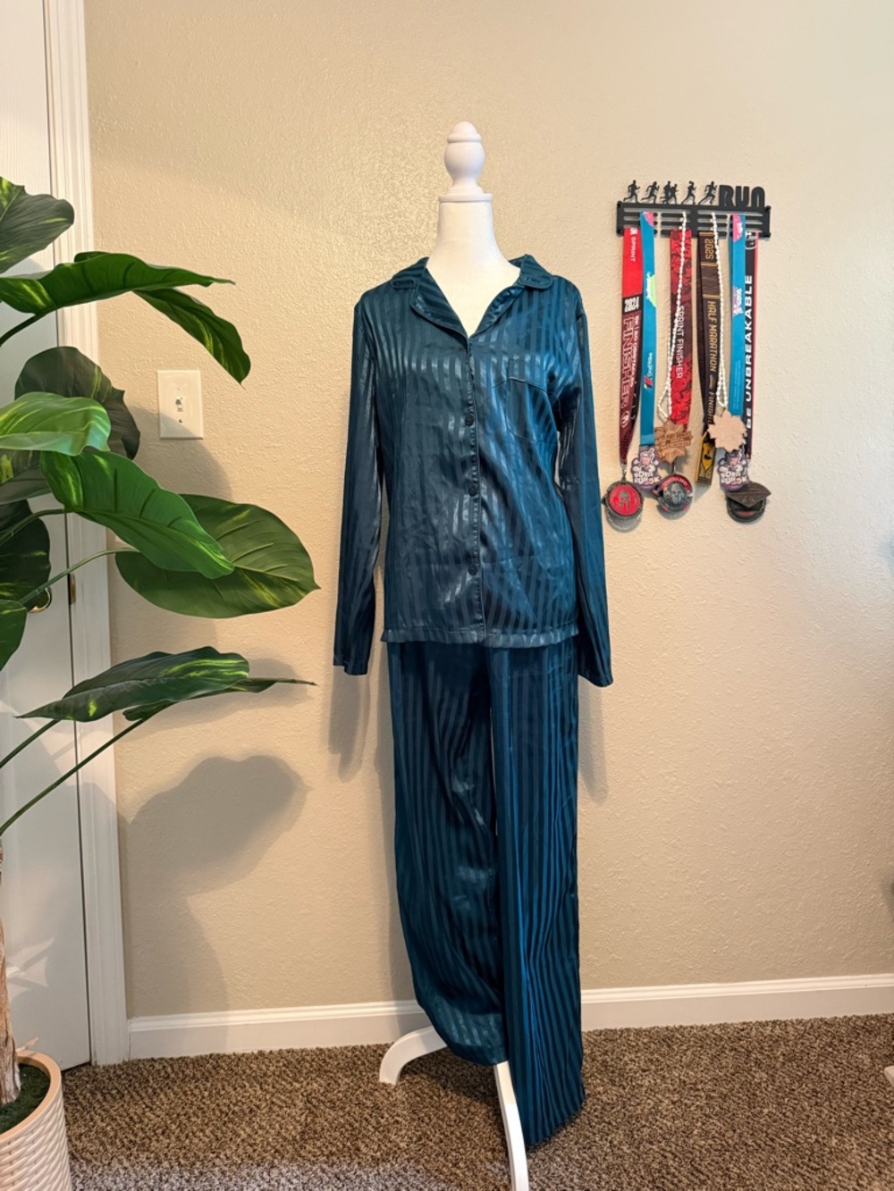 Women's Teal Satin Stripe Pajama Set - Classic Button-Down